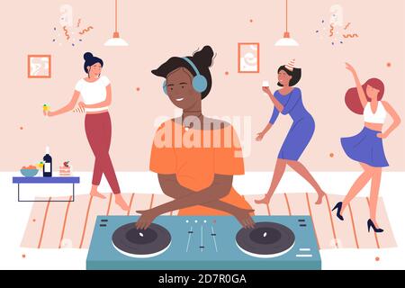 Bonne fête entre amis avec illustration vecteur DJ. Caricature jeune femme noire personnage mélangeant de la musique numérique moderne sur des platines, des gens dansant, boire du vin à la fête à la maison Illustration de Vecteur