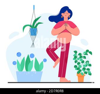 Grossesse méditation yoga illustration vectorielle plate. Caricature belle femme enceinte caractère relaxant, méditant dans lotus yoga asana pose, écoutant de la musique dans l'arrière-plan intérieur de l'appartement à la maison Illustration de Vecteur