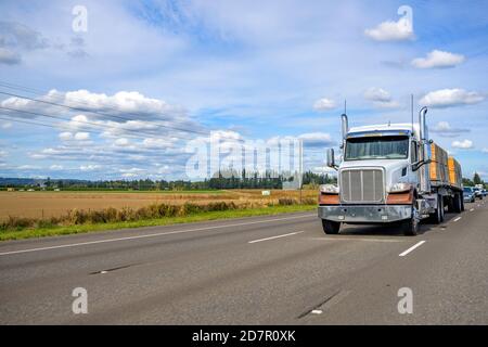 Blanc classique puissant capot américain grand rig semi-camion professionnel tracteur transportant une cargaison de bois de charpente serrée sur un semi-plateau exécution de la remorque Banque D'Images