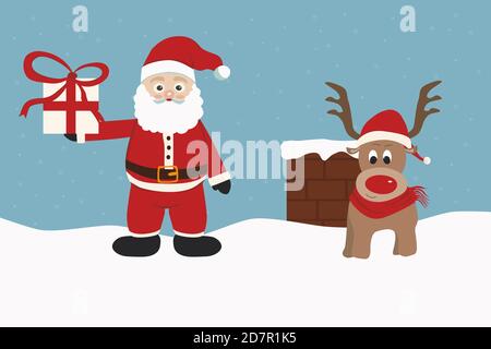 Joli Père Noël et renne sur le toit recouvert de neige. Concept Noël et nouvel an. Copier l'espace pour le texte ou la conception Illustration de Vecteur