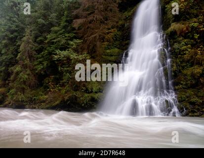 Un ruisseau sans nom tombe au-dessus de la cascade et dans Boulder River, Boulder River Wilderness, Central Cascades, Washington, États-Unis Banque D'Images