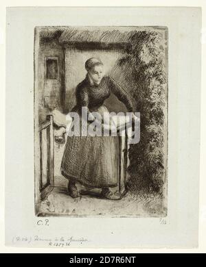 Femme à la porte - 1889; Camille Pissarro; Français; 1830-1903 (Etching; aquatint; et point sec en noir sur papier verni-bleu) Banque D'Images