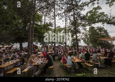 BELGRADE, SERBIE - 26 MAI 2019 : foule de serbes assis et buvant de la bière dans un beergarden au printemps, dans le parc de Kalemegdan. Également appelé biergarten, Banque D'Images