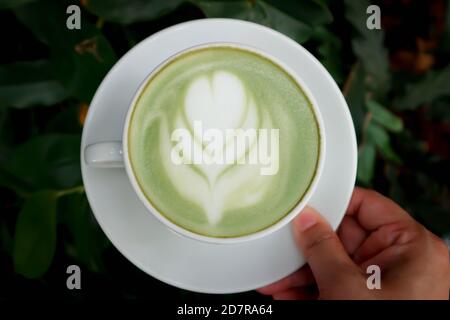 thé vert, thé vert au lait chaud ou latte au thé vert à la macha Banque D'Images
