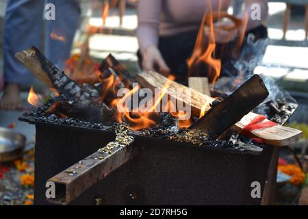 Rituel hindou appelé 'Yagya ou Yajna'. Interprété avec le chant traditionnel de mantra. Photo à Katmandou, Népal. Banque D'Images