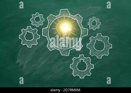 Le cerveau humain s'est construit à partir de cogs et d'engrenages sur le tableau noir. Concept d'idée. Banque D'Images