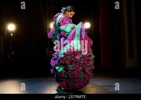 Alcala de Henares, Espagne. 24 octobre 2020. Danseuse de flamenco lors du festival de danse flamenco 'Volver' au théâtre Cervantes d'Alcala de Henares, Espagne. À Madrid, la limitation de capacité dans les théâtres se situe entre 50% et 75% comme mesure préventive contre Covid-19. Crédit : May Robledo/Alfa Images/Alay Live News Banque D'Images