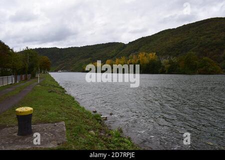 Île de Mosel à une écluse de rivière Banque D'Images