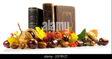 Vieux livres feuilles d'automne et fruits isolés sur fond blanc - Panorama Banque D'Images