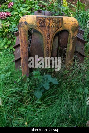 ancienne grille du tracteur dans de l'herbe trop cultivée Banque D'Images