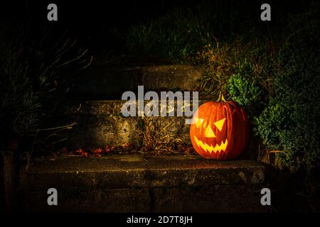 Lanterne de citrouille d'Halloween effrayante sur des escaliers en béton dans le jardin la nuit Banque D'Images