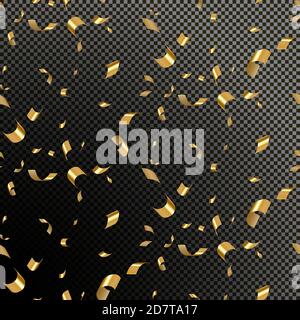 Tomber réaliste brillant or minuscule confetti isolé sur fond noir transparent. Fête d'anniversaire. Guirlande festive lumineuse de couleur or. Grand Illustration de Vecteur