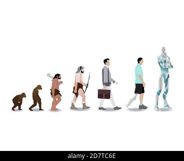 Évolution humaine à robot cyborg, histoire homme évoluer. Vecteur développement ancêtre humanité, illustration progrès primate et animal à ai Illustration de Vecteur