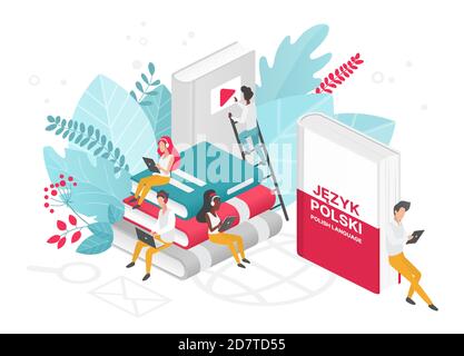 Les gens apprennent les langues polonaises Isométrique 3d vecteur illustration. Pologne enseignement à distance, concept de cours d'apprentissage en ligne. Les étudiants lisant des livres personnages de dessins animés. Enseignement des langues étrangères Illustration de Vecteur