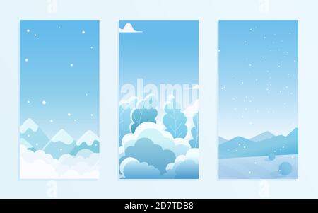 Noël nature paysage d'hiver sous neige vecteur jeu d'illustration. Dessin animé plat simple de glace avec des collines et des montagnes enneigées, forêt bleue glacée, chute de neige dans la collection des vacances de Noël Illustration de Vecteur