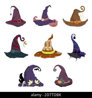 Collection de chapeaux d'Halloween, chapeau pour sorcière. Ensemble de chapeau magique elf ou nain, costume d'horreur pour célébrer halloween . Vêtements d'automne traditionnels Vector, Illustration de Vecteur