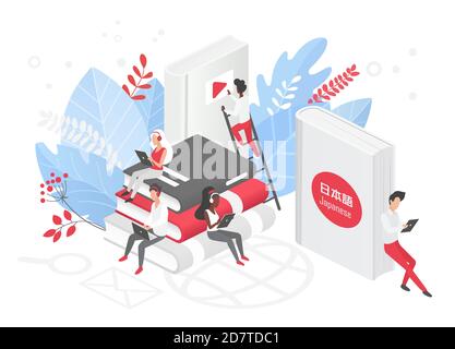 Cours de langue en ligne illustration vectorielle isométrique. Cours de langue japonaise sur Internet, e-learning, enseignement à distance, école à distance, cours universitaires japonais Illustration de Vecteur