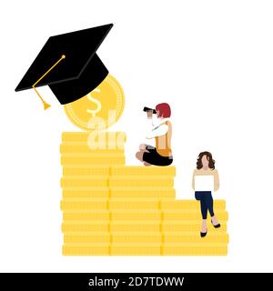 Étudiants avec une subvention financière pour obtenir l'éducation. Les gens sur la bourse de pile de pièces d'or. Argent pour l'éducation collégiale et l'université de diplôme, vecteur Illustration de Vecteur