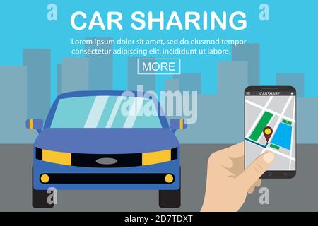 concept de partage de voiture, voiture bleue et téléphone intelligent avec env Illustration de Vecteur