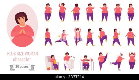 La femme de plus taille pose un ensemble d'illustrations vectorielles. Collection de personnages féminins de dessin animé avec grande femme curvy posant, faisant du sport ou des exercices de yoga et de patinage, manger un grand gâteau isolé sur blanc Illustration de Vecteur