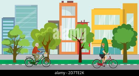 Cyclistes dans la rue de la ville, concept de vie urbaine écologique, Illustration de Vecteur