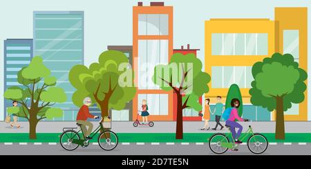 Cyclistes dans la rue de la ville, concept de vie urbaine écologique, Illustration de Vecteur