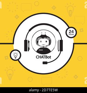 Fond concept Chatbot, robot noir et blanc et écouteurs Illustration de Vecteur