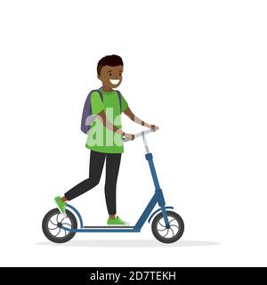 Garçon afro-américain sur un scooter, adolescent actif isolé sur wh Illustration de Vecteur