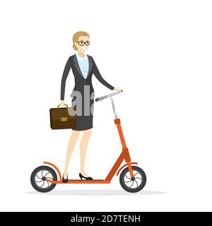 Femme d'affaires à bord d'un kick scooter pour travailler. Illustration de Vecteur