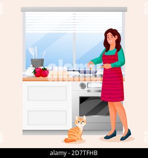 Bonne femme qui cuisine des œufs brouillés. Une jeune fille avec un chat rouge prépare un délicieux petit déjeuner. Illustration des caractères vectoriels. Recettes de repas maison, loisirs Illustration de Vecteur