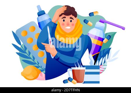 Grippe malade jeune homme avec des pilules et des médicaments. Le mâle traite les maladies saisonnières d'infection respiratoire par le froid. Illustration des caractères de dessin animé plats vectoriels isol Illustration de Vecteur