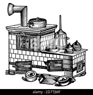 Ancienne gravure du XIXe siècle d'un four de cuisine (isolée sur blanc). Publié dans spécimens des divers caractères et vignettes typographiques de la f Banque D'Images