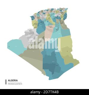 Algérie carte détaillée avec subdivisions. Carte administrative de l'Algérie avec le nom des districts et des villes, coloré par les États et distri administratif Illustration de Vecteur