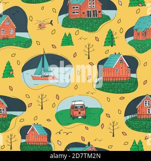 Maisons en bois scandinaves jaunes et roses, bleues et vertes et arbres sans feuilles avec yacht et remorque de voyage répétition sans couture Illustration de Vecteur