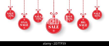 Ensemble d'étiquettes de solde de Noël. Balles de Noël rouges avec affiche offre spéciale, finale, grande vente. Étiquette en papier « Merry Christmas and New Year ». Réduction vacances, shopping Illustration de Vecteur