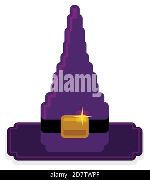 Chapeau de sorcière violet avec effet pixélisé, décoré avec bande et boucle, isolé sur fond blanc. Illustration de Vecteur