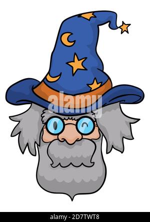 Vieux visage assistant avec cheveux gris, longue barbe et port de lunettes rondes et chapeau étoilé. Illustration de Vecteur