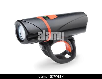 Lampe de vélo avant en plastique isolée sur blanc. Banque D'Images