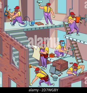 Construction. Beaucoup de travailleurs de différentes spécialités Illustration de Vecteur