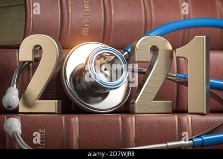 2021 bonne année pour l'industrie de la médecine des soins de santé et de la pharmacie. Numéro 2021 avec stéthoscope sur les livres de médecine vintage. illustration 3d. Banque D'Images