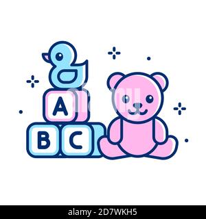 Ensemble de jouets pour enfants, icône simple en forme de ligne plate. Ours en peluche, canard en caoutchouc, blocs de jouets. Illustration de clip art vectoriel isolée. Illustration de Vecteur