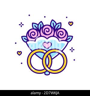 Symbole de mariage de dessin animé, bouquet de roses et deux anneaux. Style simple d'icône de ligne plate. Illustration de clip art vectoriel isolée. Illustration de Vecteur