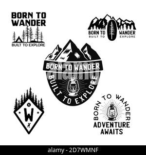 Logos de camp vintage, badges de montagne. Expédition de voyage dessinée à la main, étiquettes de wanderlust dessins. Né pour flâner construit pour explorer. Randonnée en plein air Banque D'Images