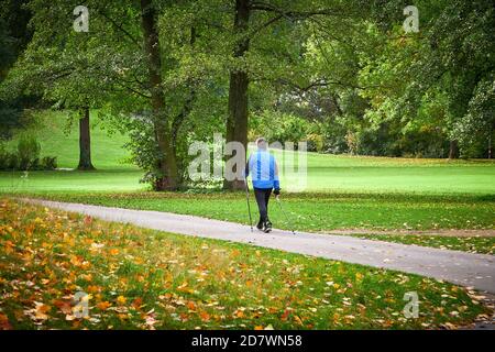 Homme non identifié marchant dans un parc en utilisant des bâtons de randonnée. Automne, automne Banque D'Images