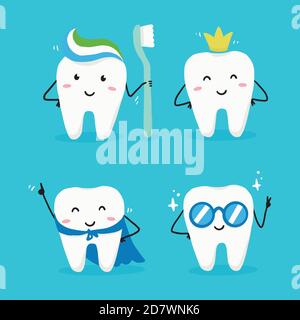 Jeu de caractères de dent heureux avec visage. Une illustre de style kawaii dentaire pour les enfants et les enfants de la conception de dentiste. Illustration de Vecteur