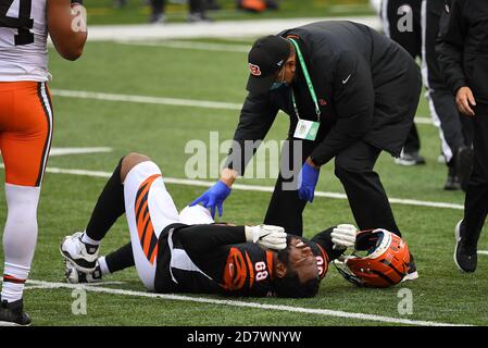 Cincinnati, Ohio, États-Unis. 25 octobre 2020. Bobby Hart #68 des Cincinnati Bengals est blessé lors d'un match de football de la NFL entre les Cleveland Browns et les Cincinnati Bengals au stade Paul Brown le 25 octobre 2020 à Cincinnati, Ohio. Adam Lacy/CSM/Alamy Live News Banque D'Images