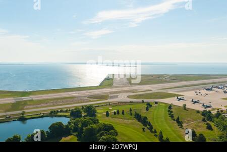 Vue aérienne, vue sur le paysage de Rhode Island en vol. Banque D'Images