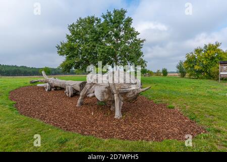 Boeufs en bois devant la réplique du fort de mur slaves vieux de 1,000 ans à Raddusch, forêt de la Spree, Brandebourg, Allemagne de l'est, Europe Banque D'Images