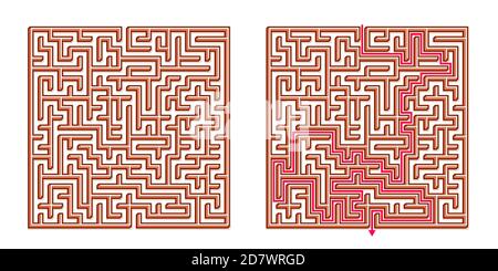 Vector 3D / Isométrique Maze Easy Square - labyrinthe avec solution incluse. Jeu d'esprit amusant et éducatif pour la coordination, la résolution de problèmes, la décision Illustration de Vecteur