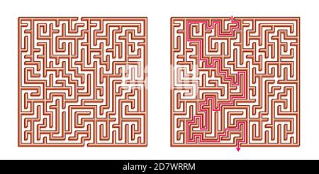 Vector 3D / Isométrique Maze Easy Square - labyrinthe avec solution incluse. Jeu d'esprit amusant et éducatif pour la coordination, la résolution de problèmes, la décision Illustration de Vecteur